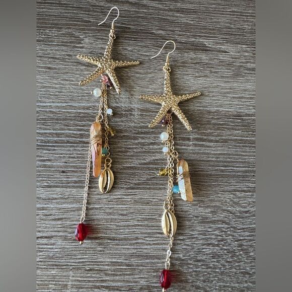Gold Starfish Dangle Earrings N888 - Picture 2 of 4